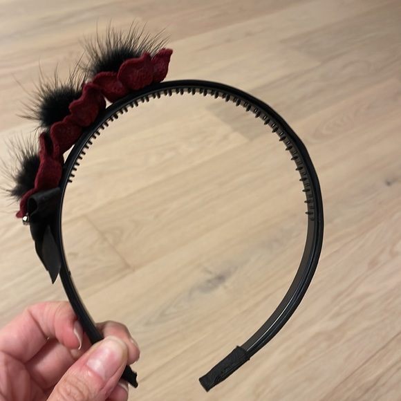 Satin, sequin, knit flower headband with fur pom poms - Picture 2 of 3